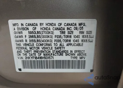 2006 Honda Pilot Ex from USA, damaged, VIN 2HKYF18416H501571